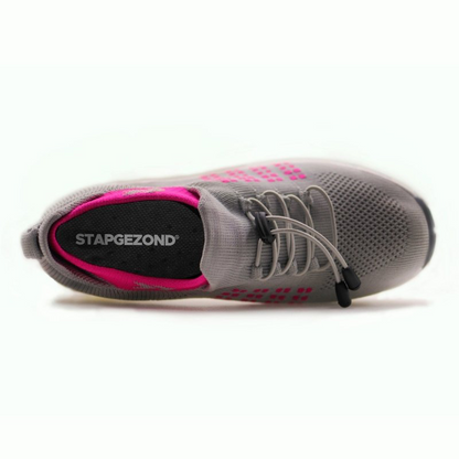 Grauer Sneaker mit pinken Akzenten, atmungsaktives Mesh, Damenlaufschuh, bequem, sportlich.