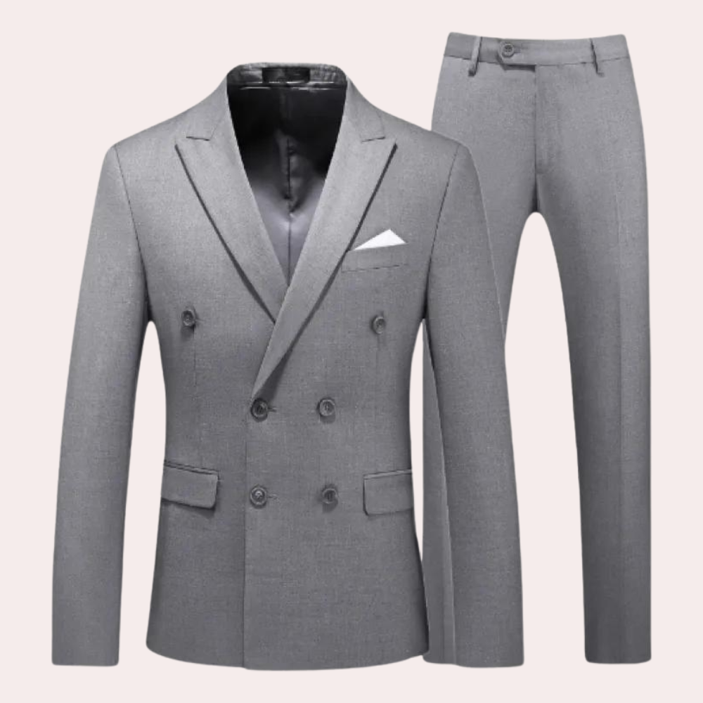 Grauer Herrenanzug, doppelt geknöpft, elegantes Design, Businessmode, hochwertige Stoffe.