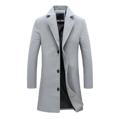 Grauer Herren-Wollmantel, eleganter Wintermantel, klassischer Stil, Knopfleiste.
