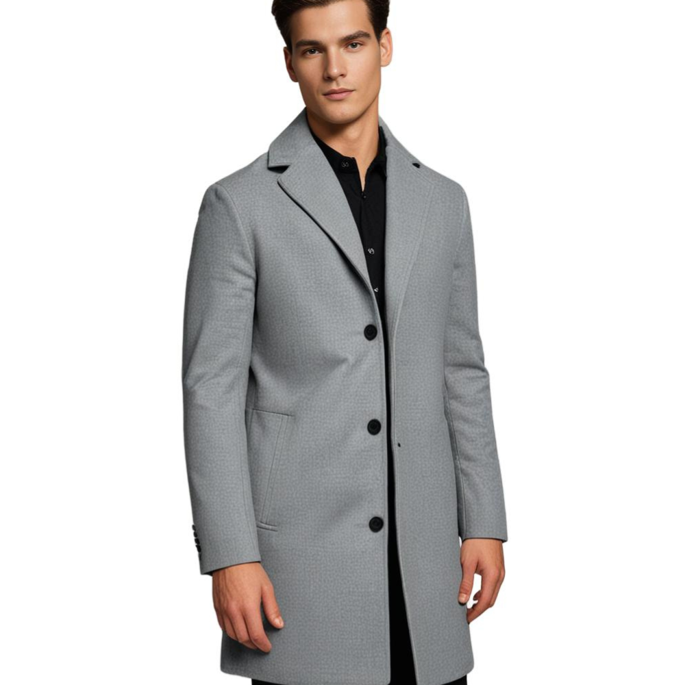 Grauer Herrenmantel, elegantes Design, Knopfverschluss, Herbstmode, stilvolle Oberbekleidung.