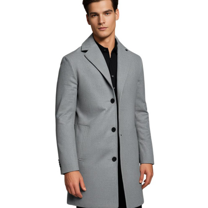 Grauer Herrenmantel, elegantes Design, Knopfverschluss, Herbstmode, stilvolle Oberbekleidung.