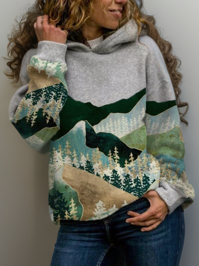 Frau in grauem Hoodie mit Berglandschaftsdesign, lässige Mode, Herbstkleidung, Baumwolle.