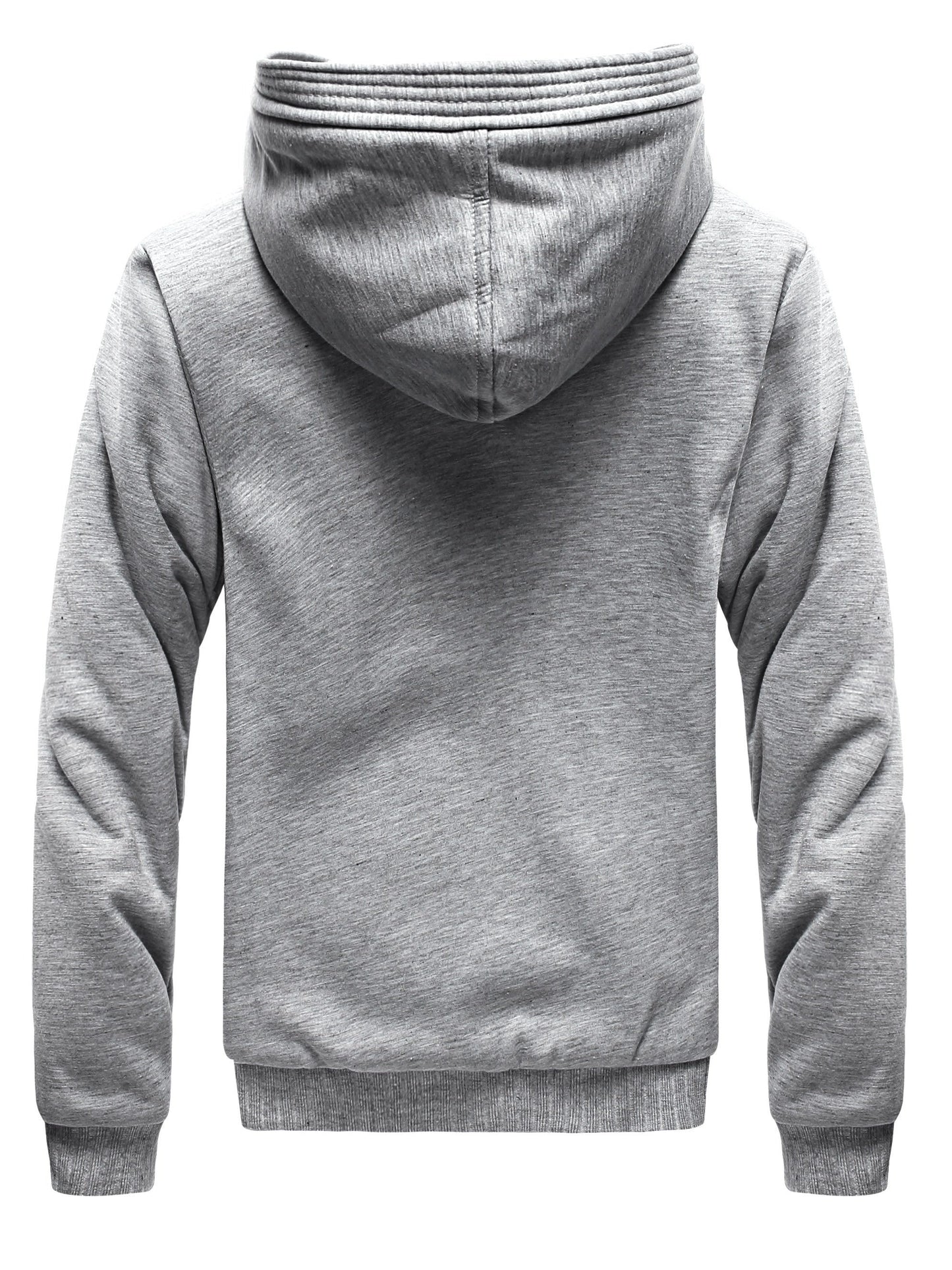 Grauer Kapuzenpullover aus Baumwolle, Rückansicht, Herrenmode, lässig, bequem, warm.