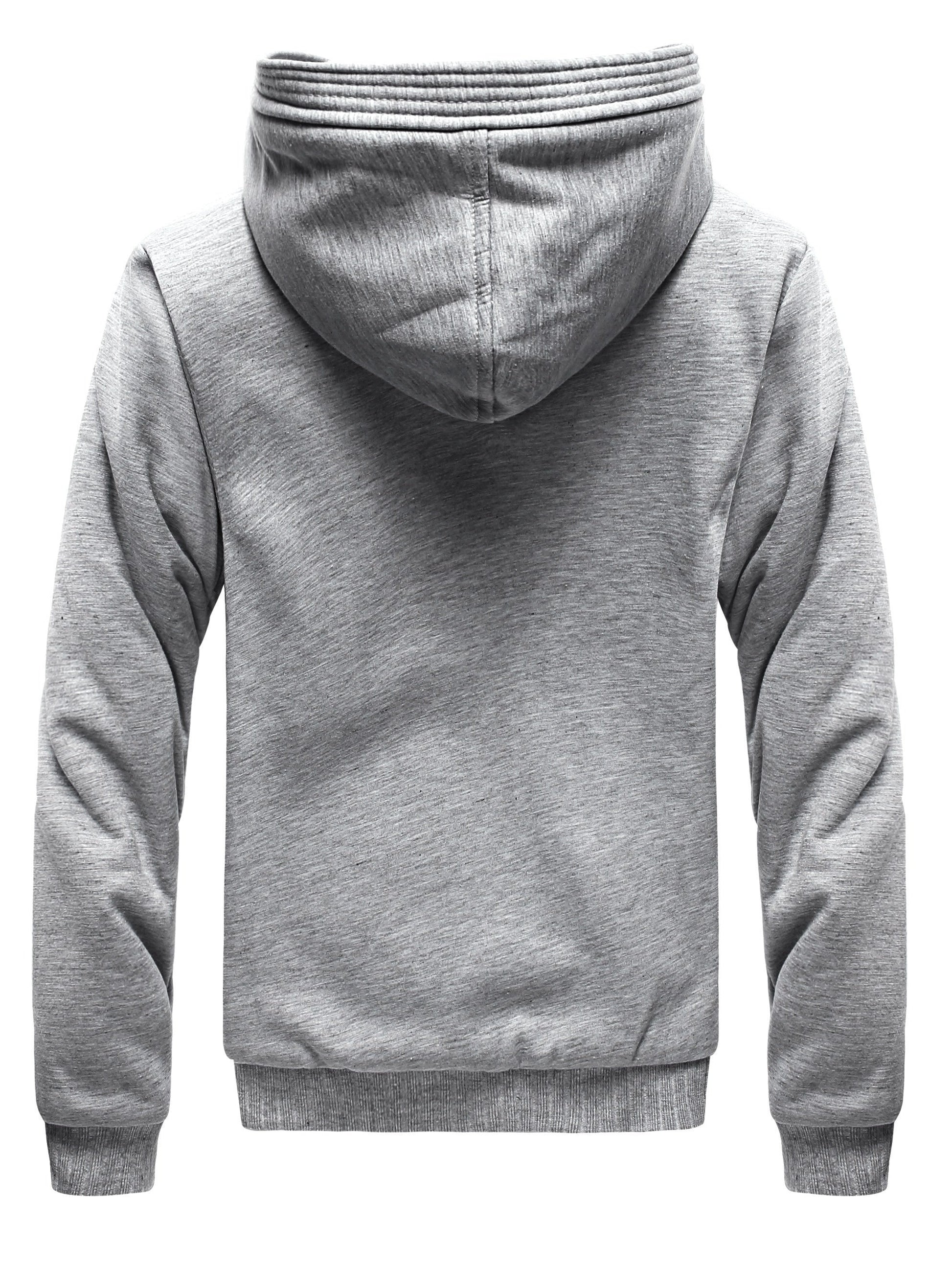 Grauer Kapuzenpullover aus Baumwolle, Rückansicht, Herrenmode, lässig, bequem, warm.
