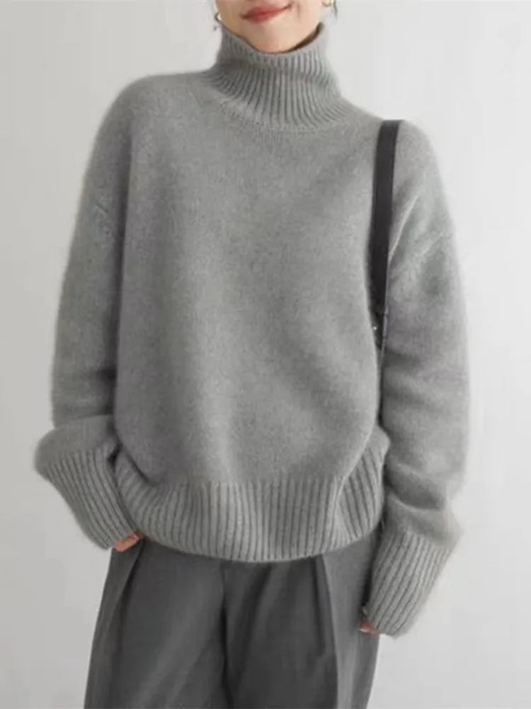 Grauer Damen-Kaschmirpullover, Rollkragen, Herbst Winter 2023, locker, warm, modisch.