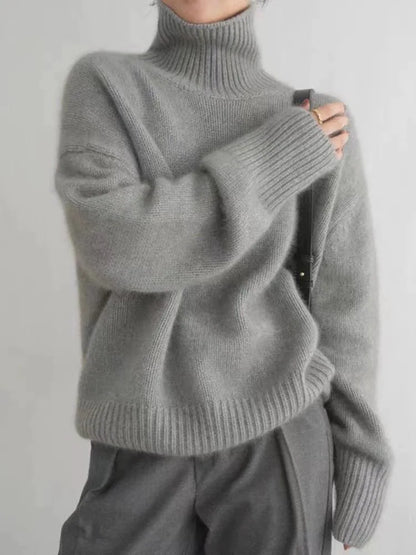 Grauer Damen-Kaschmirpullover, Rollkragen, Herbst-Wintermode 2023, locker gestrickt.