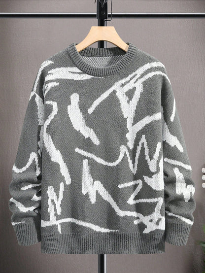Grauer Strickpullover mit abstraktem Muster, Herrenmode, Baumwolle, lässiger Stil.