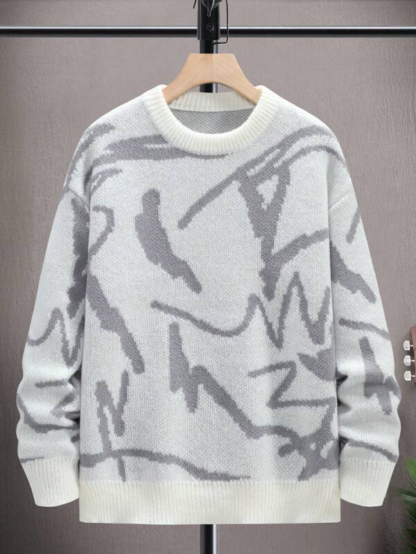 Grauer Strickpullover mit abstraktem Muster, Rundhalsausschnitt, Herrenmode, Winterkleidung.