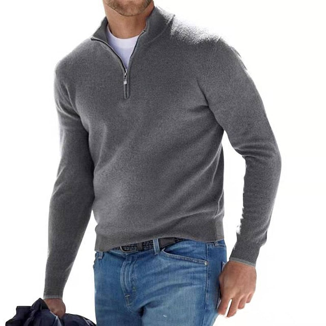 Grauer Herren-Pullover mit Reißverschluss, langärmelig, casual, hochwertiges Strickmaterial.