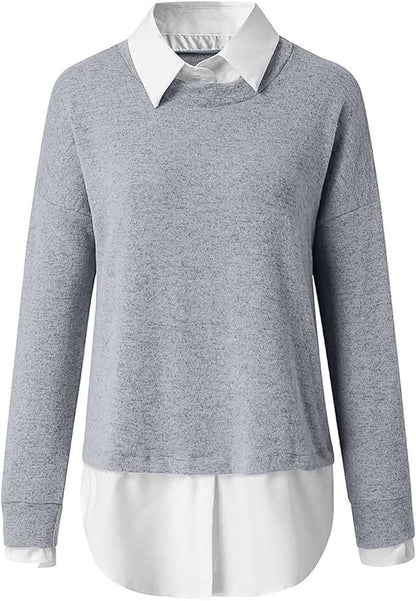 Grauer Damenpullover mit weißem Hemdkragen, Langarm, elegantes Design, Baumwollmischung.