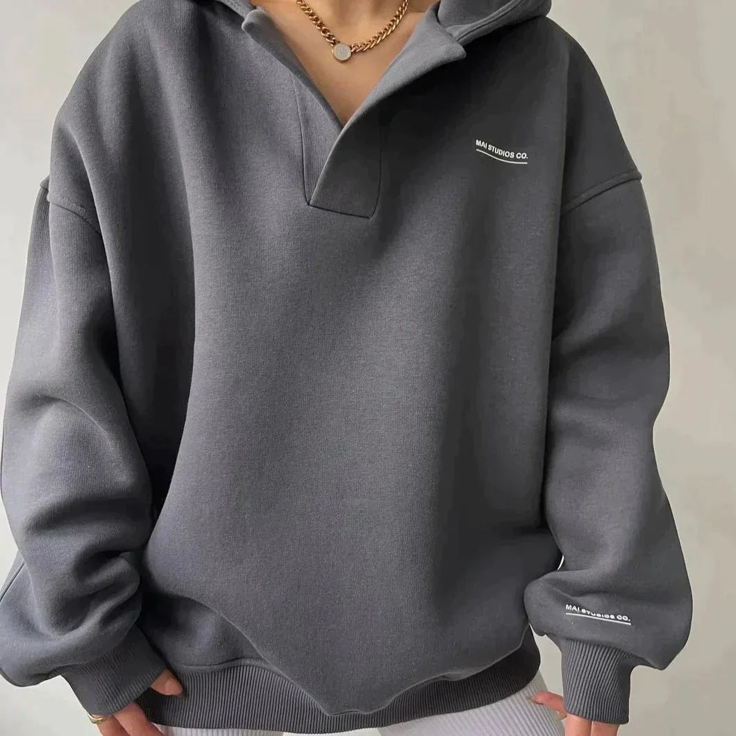 Grauer Oversize-Pullover, Baumwolle, Reißverschluss, lässig, Damenmode, Herbst/Winter.