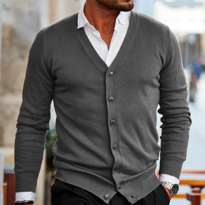 Grauer Herren-Cardigan, V-Ausschnitt, Knopfleiste, eleganter Stil, ideal für Herbstmode.