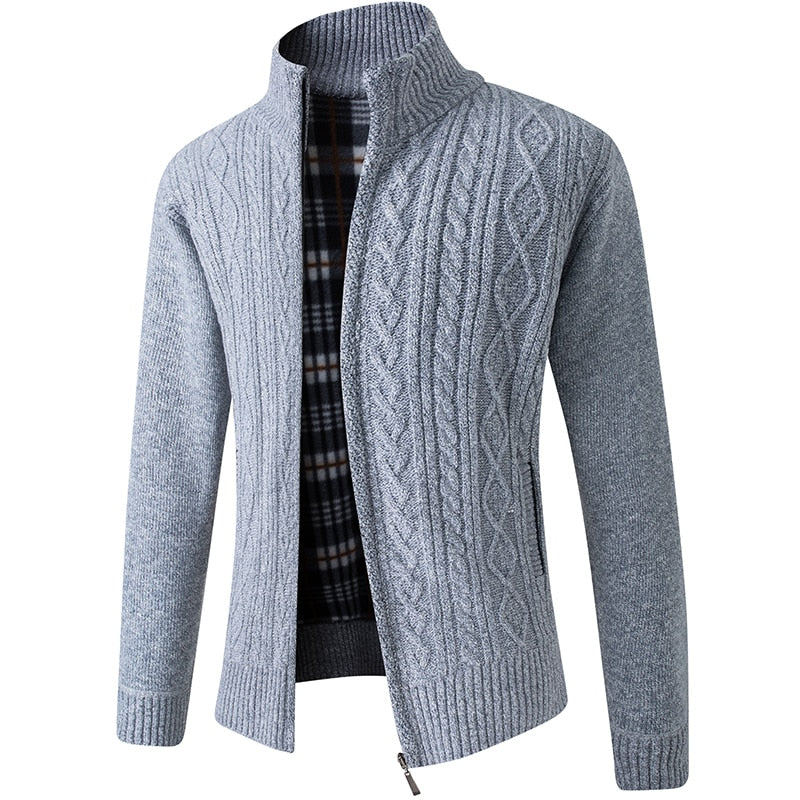 Grauer Strickpullover mit Reißverschluss, Zopfmuster, Herrenmode, Winterkleidung, warm.