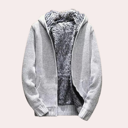 Grauer Kapuzenpullover mit Kunstfellfutter, warm, modisch, Herrenbekleidung, Wintermode.
