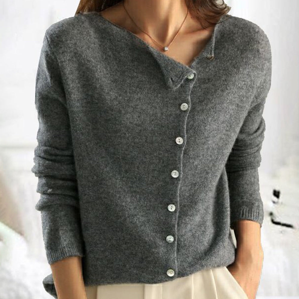 Grauer Damen-Cardigan aus Wolle mit Knopfleiste, elegantes Design, Herbstmode.