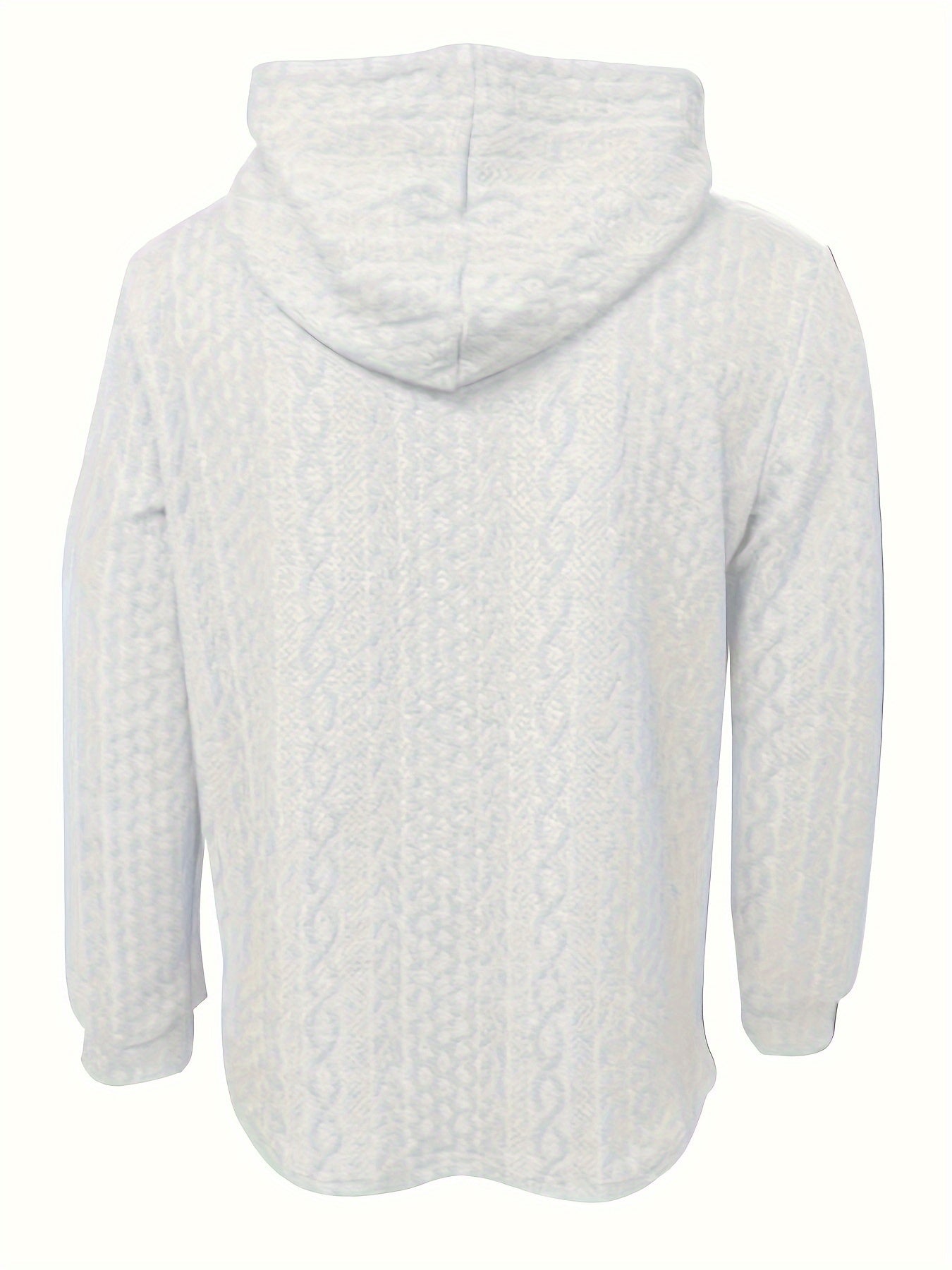 Hellgrauer Kapuzenpullover mit Zopfmuster, langärmelig, aus Baumwolle, Rückansicht.