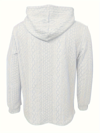 Hellgrauer Kapuzenpullover mit Zopfmuster, langärmelig, aus Baumwolle, Rückansicht.