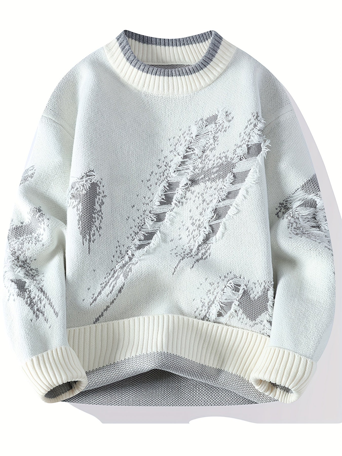 Weißer Strickpullover mit grauem Muster, Rundhalsausschnitt, Baumwolle, Herrenmode, Winterkleidung.