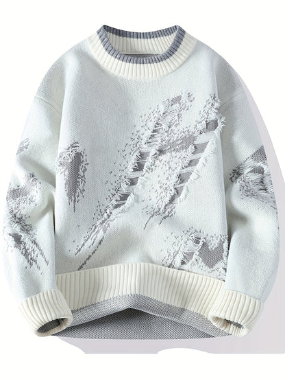 Weißer Strickpullover mit grauem Muster, Rundhalsausschnitt, Baumwolle, Herrenmode, Winterkleidung.