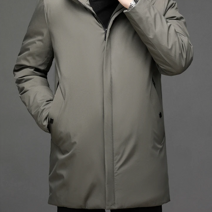 Grauer Herren-Wintermantel, wasserabweisend, mit Reißverschluss, elegantes Design.