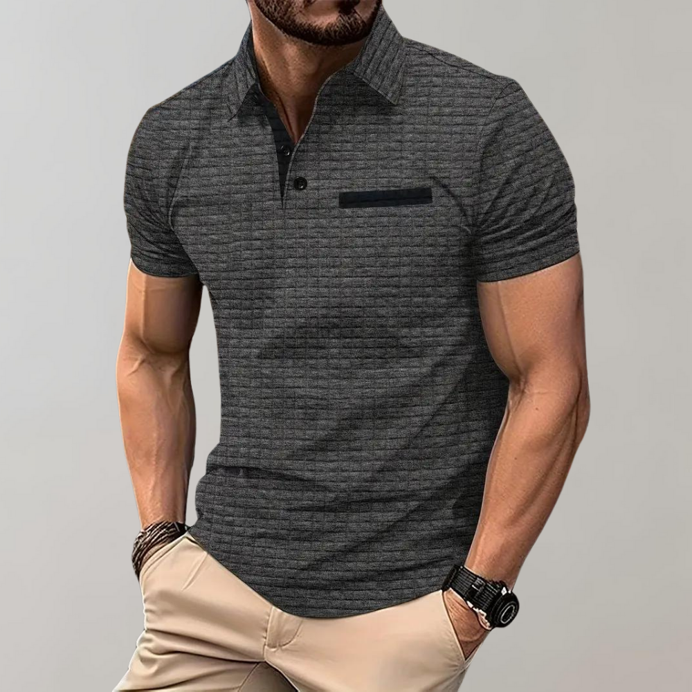 Graues Herren-Poloshirt, kurzärmelig, Baumwolle, klassischer Kragen, Freizeitmode.