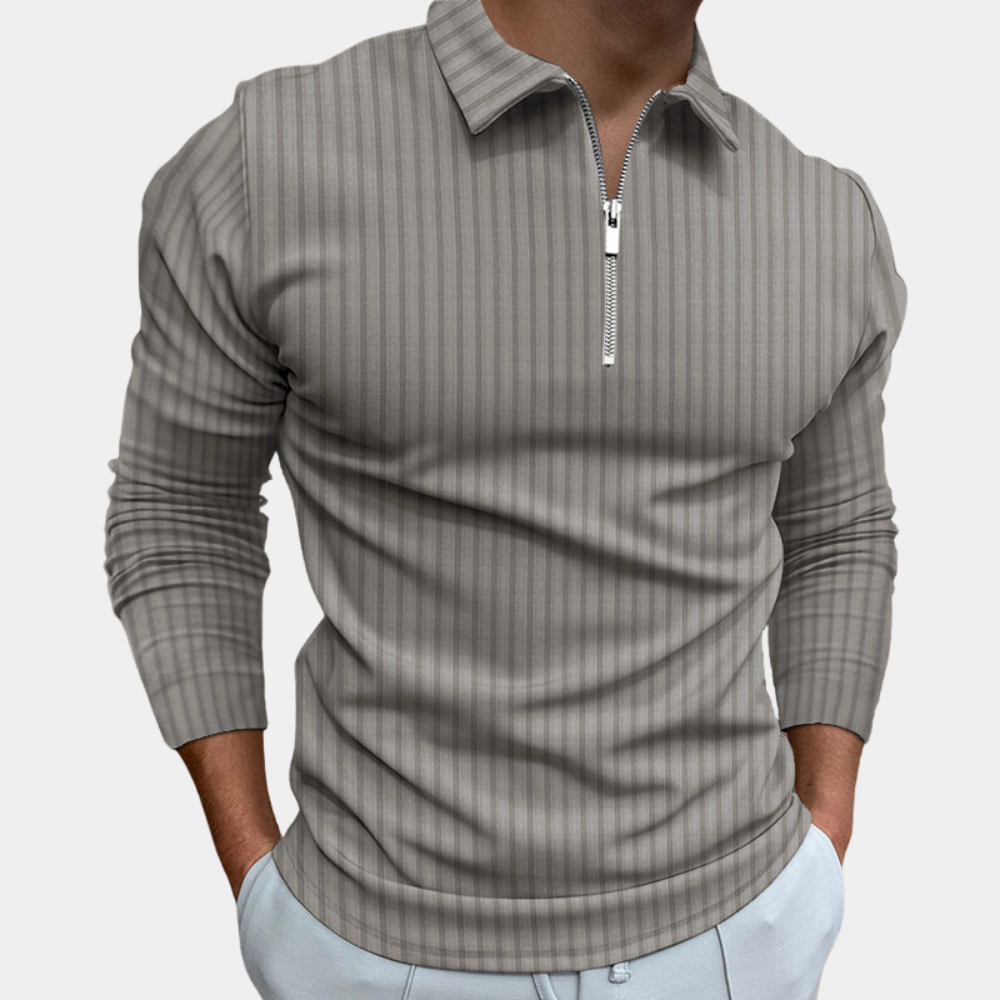 Graues gestreiftes Langarmshirt mit Reißverschluss, Herrenmode, stilvoll und modern.