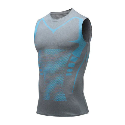 Graues ärmelloses Kompressionsshirt, atmungsaktiv, Sportbekleidung, Herren, Fitness.