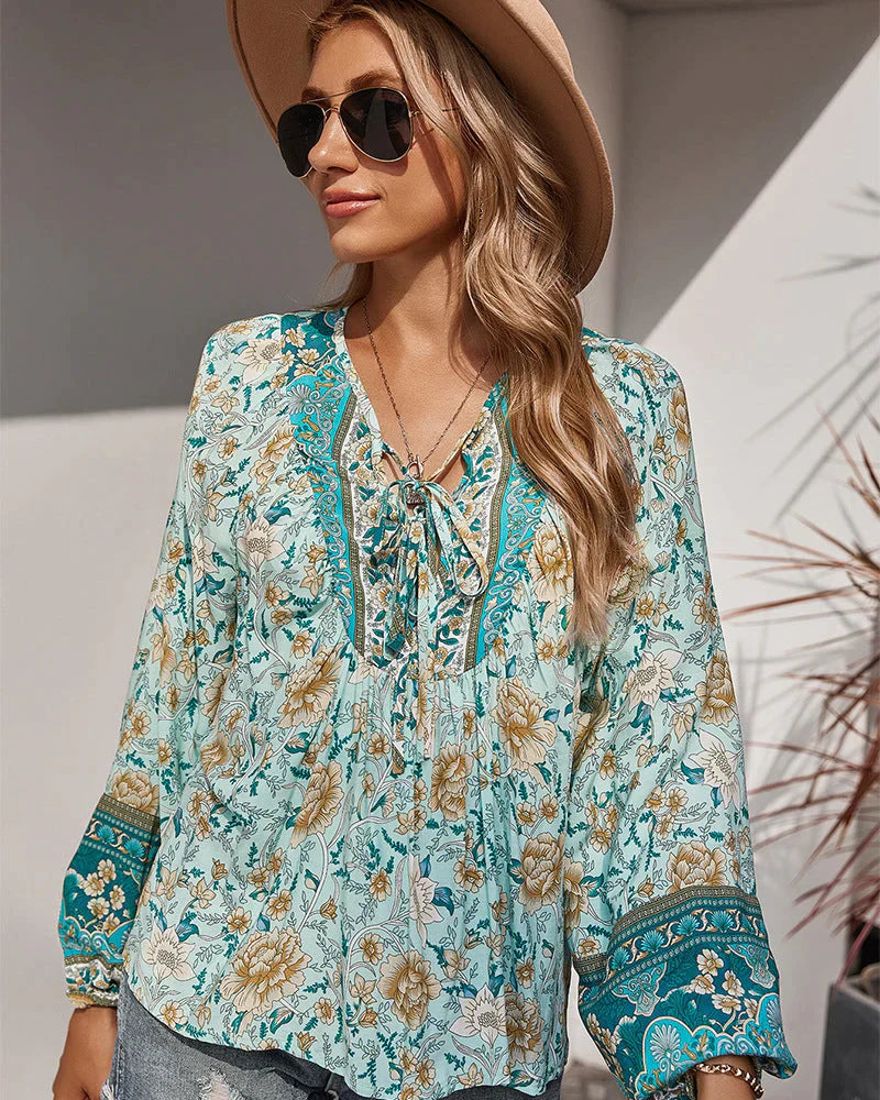 Vintage Boho Herbstbluse mit Blumenprint und langen Ärmeln – Sana