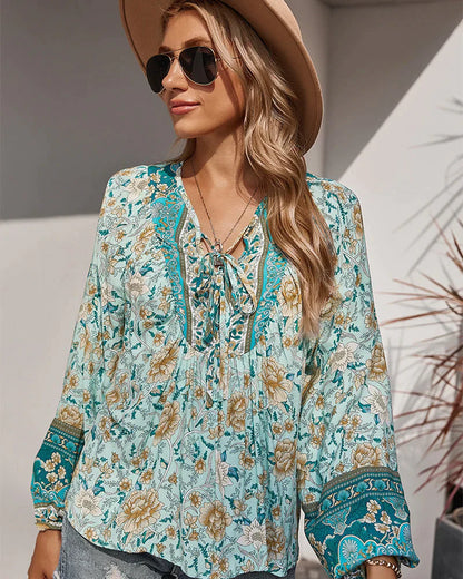 Vintage Boho Herbstbluse mit Blumenprint und langen Ärmeln – Sana