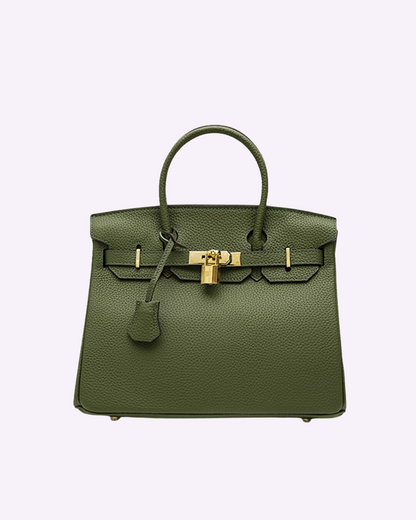 Grüne Lederhandtasche mit goldener Schnalle, elegante Damenmode, luxuriöses Accessoire.