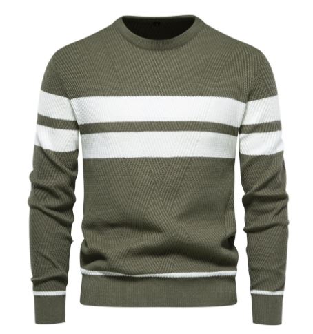 Grüner Herrenpullover mit weißen Streifen, Strick, Rundhals, modisch, bequem.