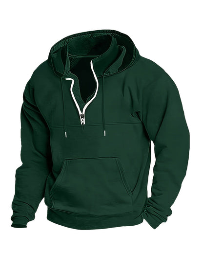 Dunkelgrüner Kapuzenpullover mit Reißverschluss, Kängurutasche, Herrenmode, Freizeitkleidung.