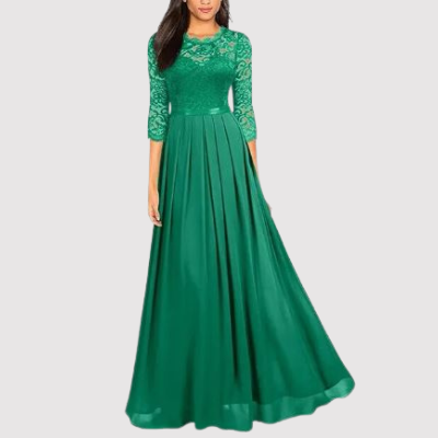 Grünes Abendkleid aus Spitze, langärmelig, bodenlang, elegantes Design für besondere Anlässe.