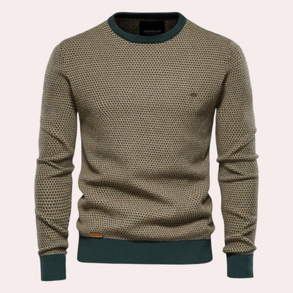 Grüner Herrenpullover, Strickmuster, Rundhalsausschnitt, langärmelig, modisch, bequem.