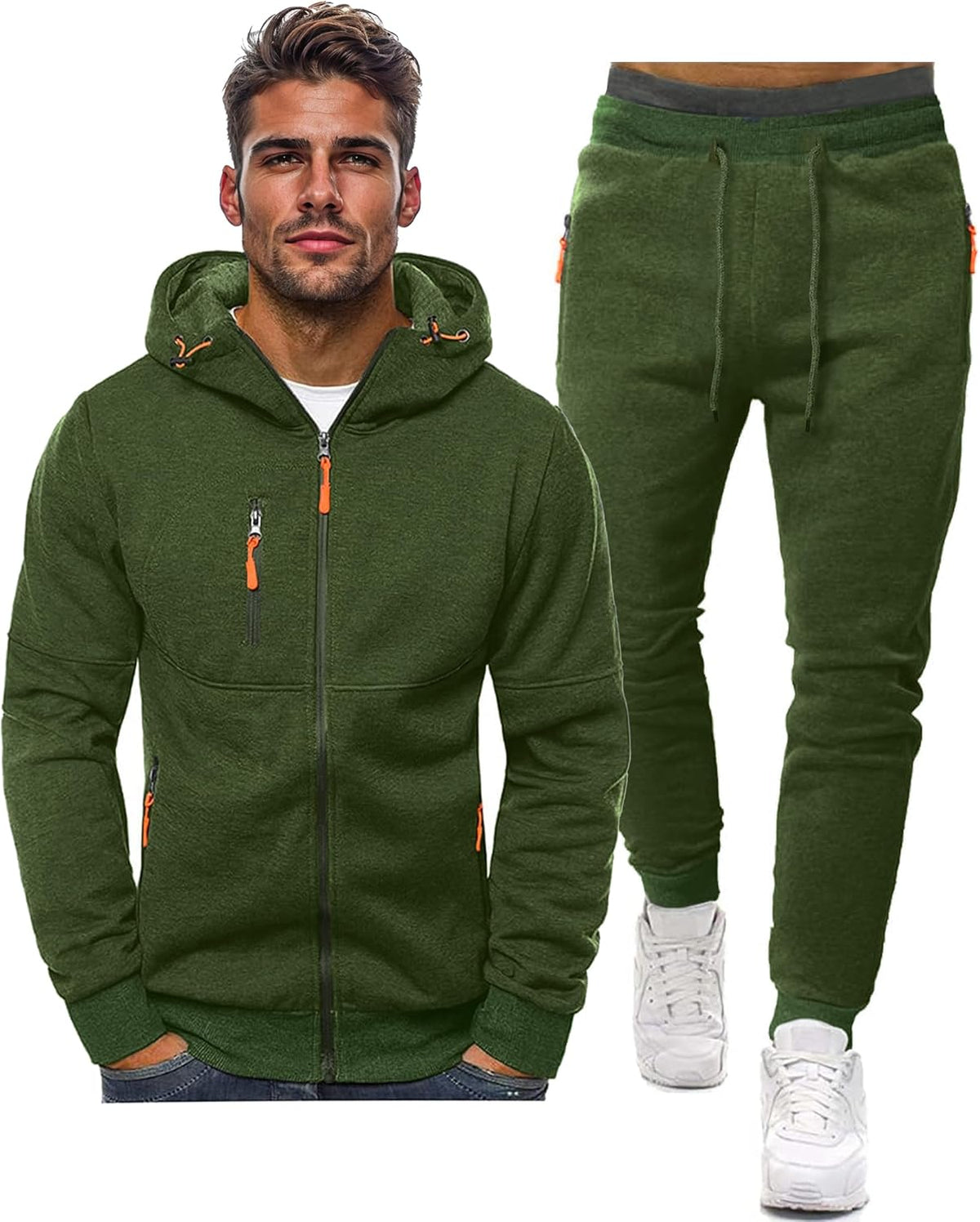 Grüner Herren-Trainingsanzug mit Kapuzenjacke und Jogginghose, Reißverschlusstaschen.