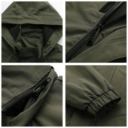 Grüne Herren-Bomberjacke mit Kapuze, Reißverschluss und elastischen Bündchen, wasserabweisend.