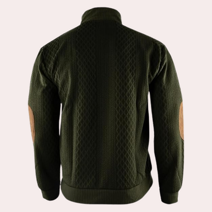 Grüne Strickjacke mit Ellbogen-Patches, Herrenmode, Baumwolle, Rückansicht, stilvoll, warm.