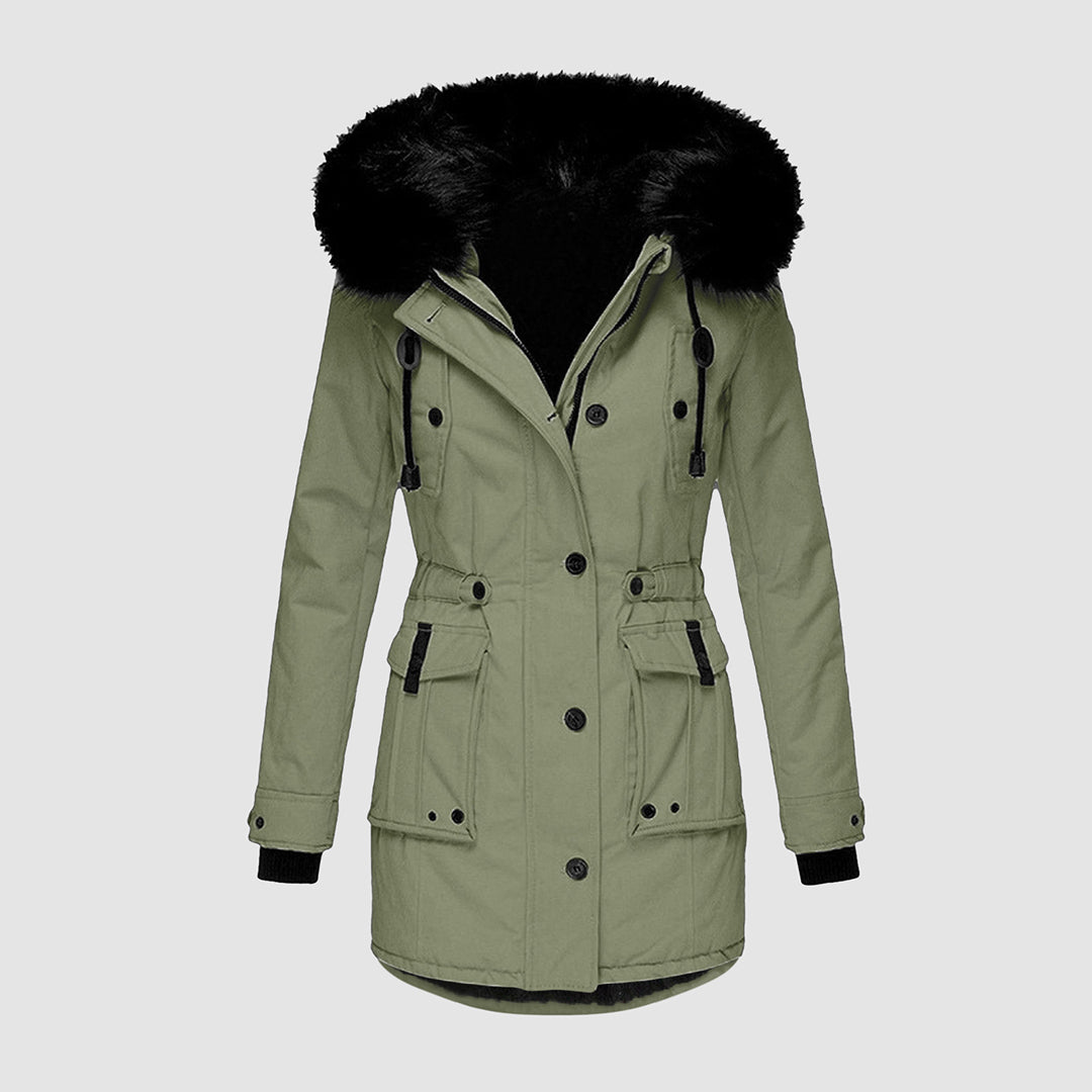 Grüne Winterjacke mit Kapuze, Damenmantel, warm, modisch, Outdoor-Bekleidung, Parka-Stil.