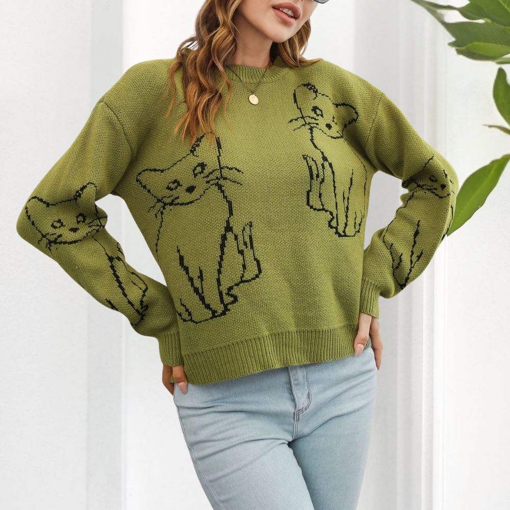 Grüner Damenpullover mit Katzenmotiv, Strick, lässig, modisch, Herbstmode, Baumwolle.