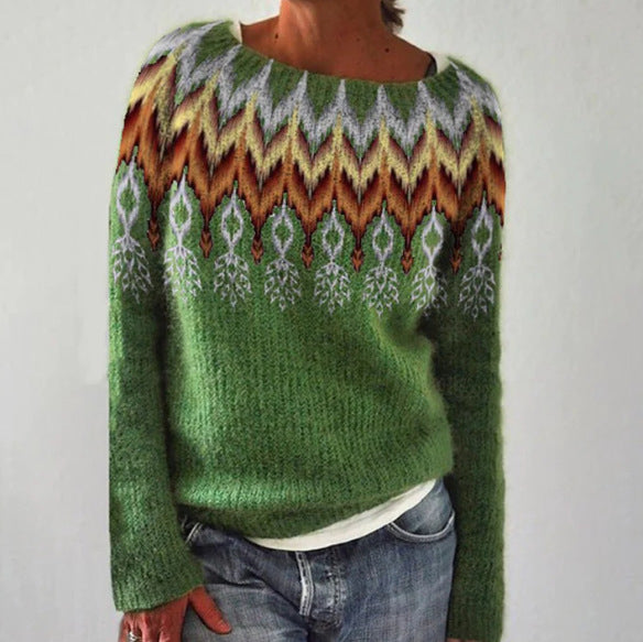 Grüner Damenpullover mit buntem Strickmuster, Langarm, lässig, modisch, Herbstkleidung.