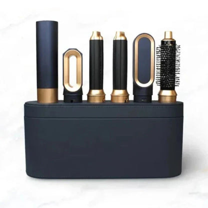 Schwarzer und goldener Haarstyler-Set mit Aufsätzen, ideal für Locken und Glätten.