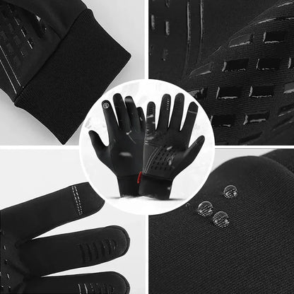 Schwarze wasserdichte Winterhandschuhe, rutschfest, Touchscreen-kompatibel, für Outdoor-Aktivitäten.