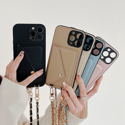 Mehrfarbige Crossbody-Handyhüllen mit Kartenfächern und Kettenriemen für iPhone.