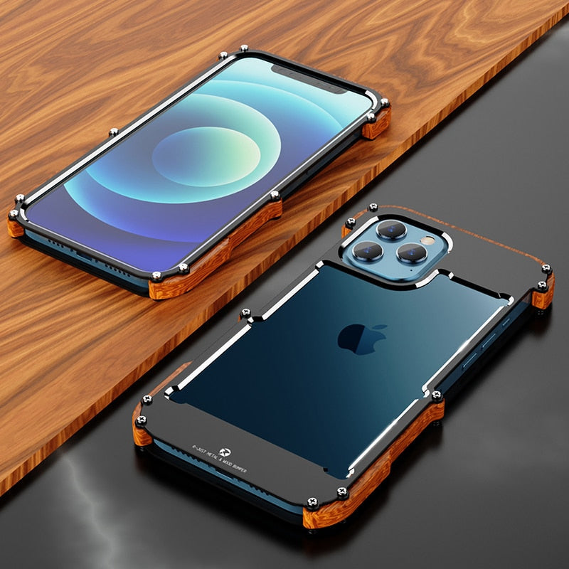 iPhone 12 Pro Hülle, Holzoptik, Metallrahmen, stoßfest, modisches Design, Schutzcover.