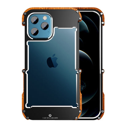 Robustes iPhone 12 Pro Max Case, Metallrahmen, Holzdetails, stoßfest, stilvolles Design.