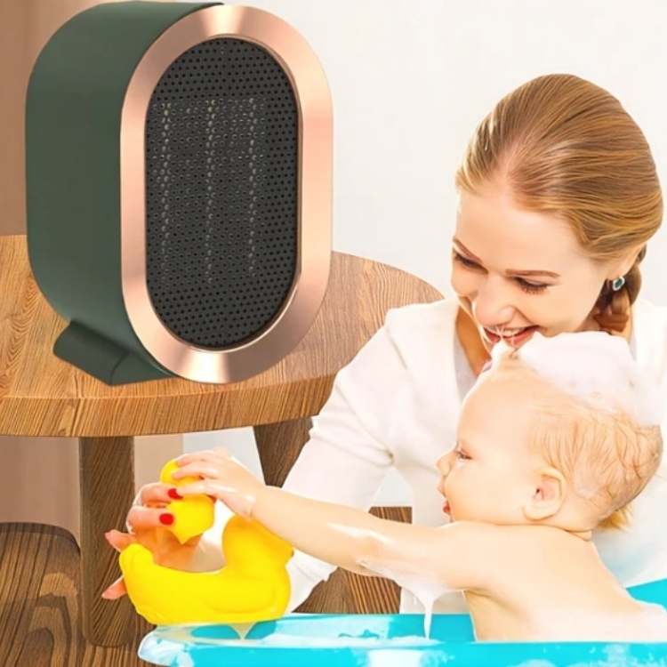 Grüne Heizung auf einem Holztisch, daneben eine lächelnde Frau, die ein Baby in der Wanne badet 3