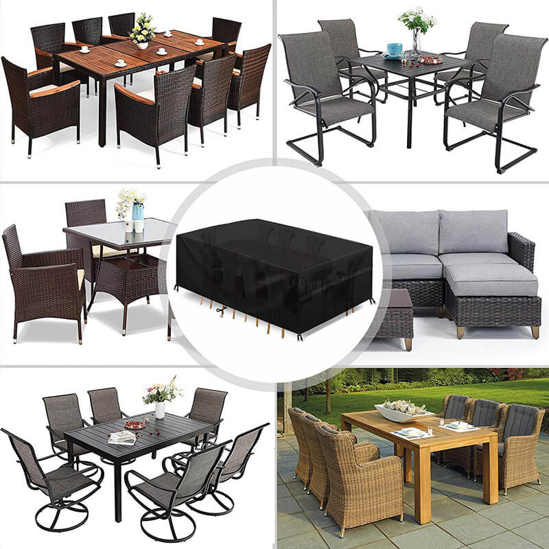 Schwarze Terrassenmöbelabdeckung in einer Collage mit Esstischen, Stühlen und einer Loungegruppe.