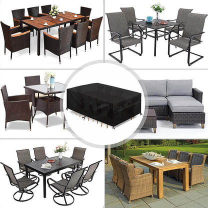 Schwarze Terrassenmöbelabdeckung in einer Collage mit Esstischen, Stühlen und einer Loungegruppe.