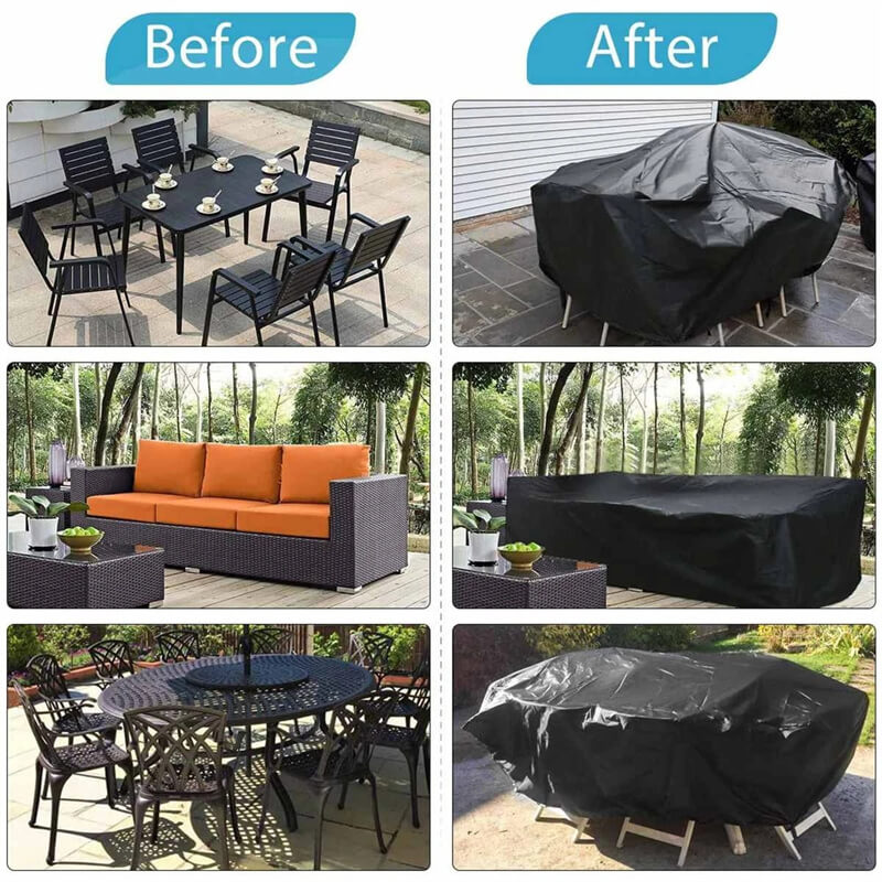 Vorher-Nachher-Vergleich einer schwarzen Terrassenmöbelabdeckung über Gartenmöbeln.