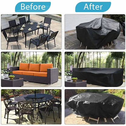Vorher-Nachher-Vergleich einer schwarzen Terrassenmöbelabdeckung über Gartenmöbeln.